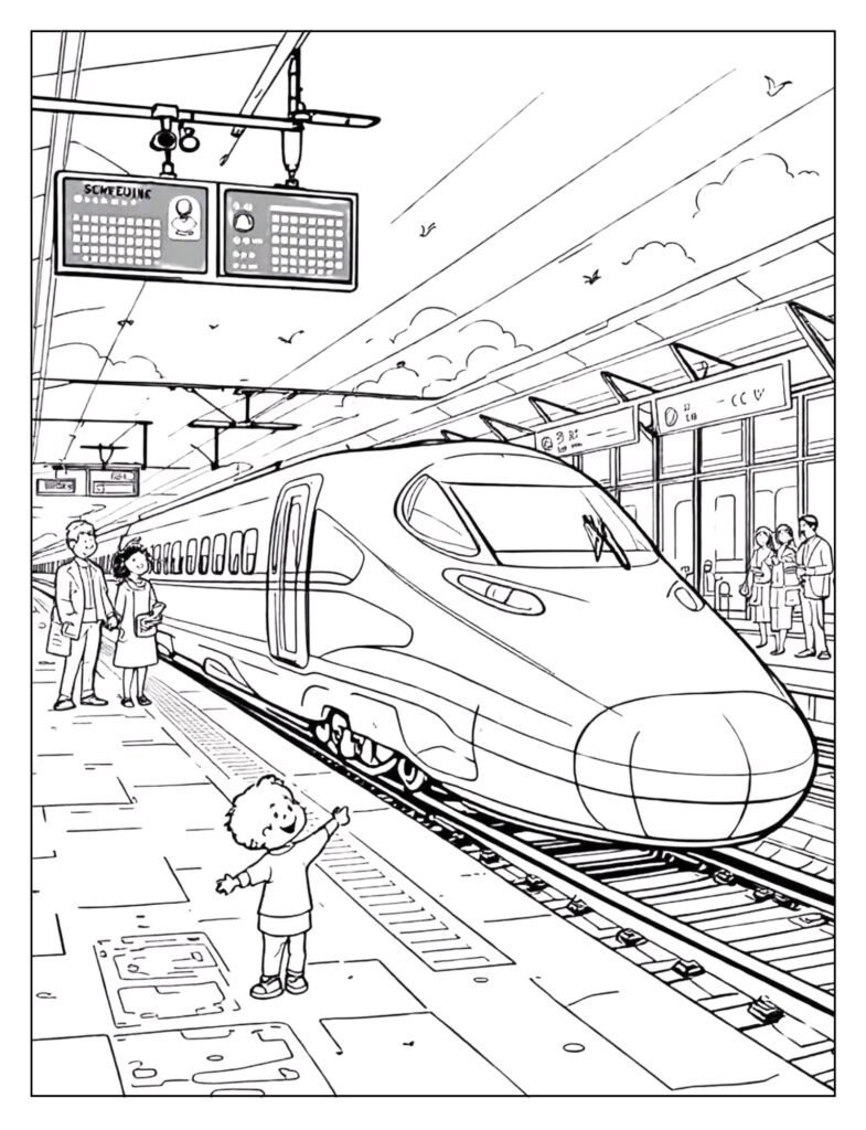 A bullet train standing still at a modern station platform with open doors and waiting people.