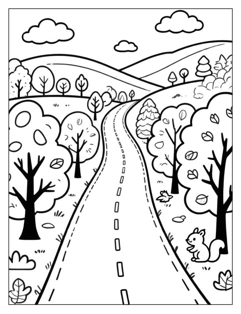 A winding road with colorful trees on both sides in autumn.