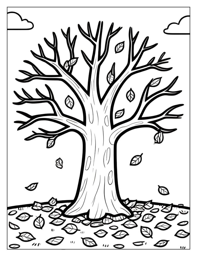 An autumn tree with leaves falling to the ground.