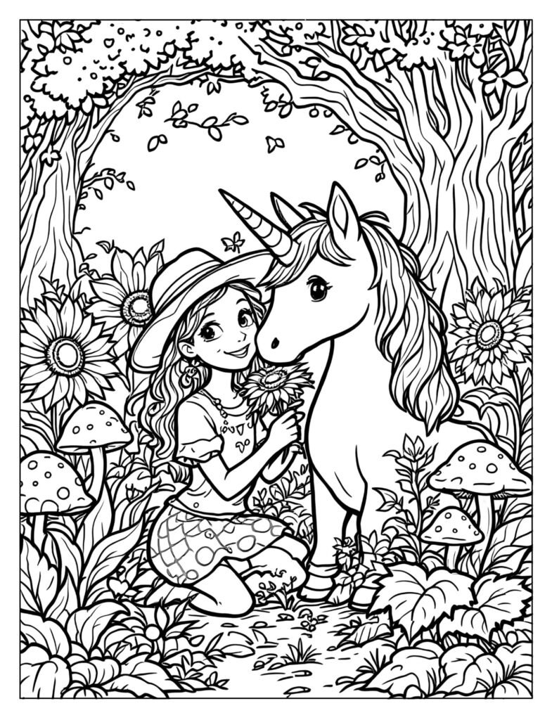 Ava and Leaf the nature unicorn in enchanted garden coloring page