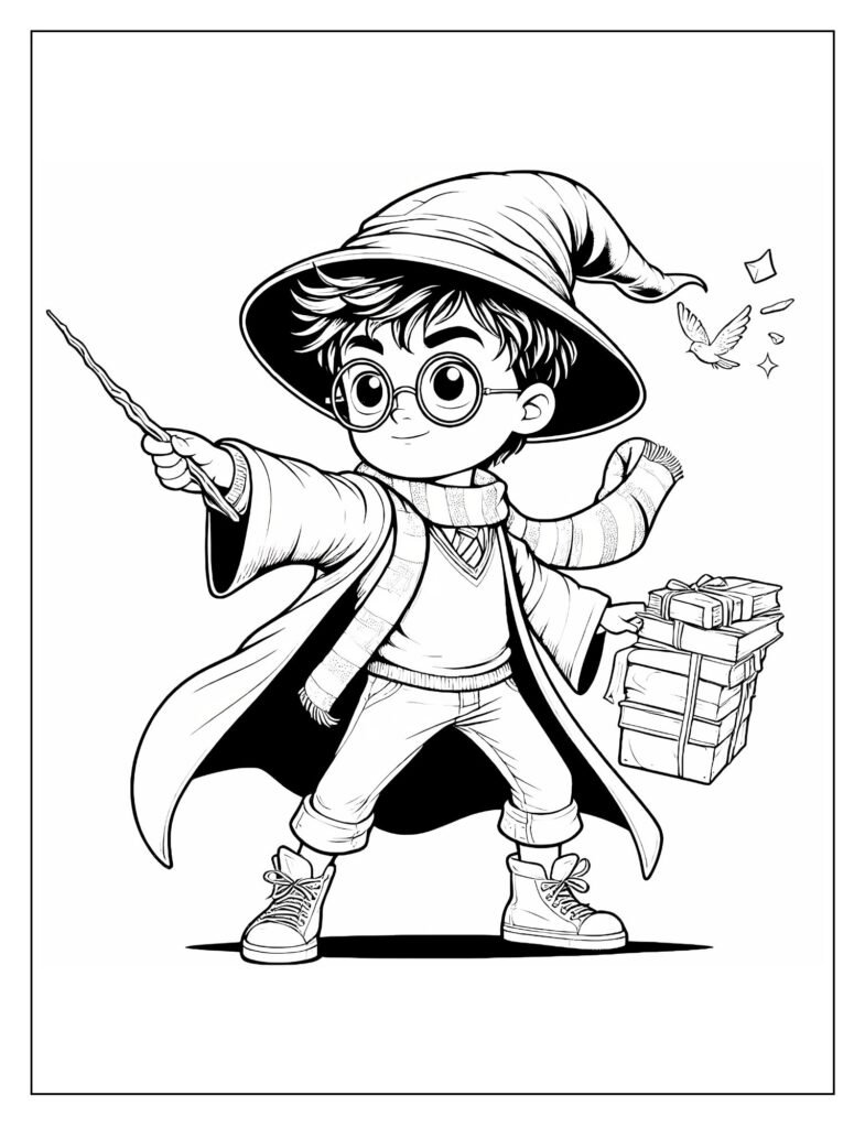 An outline illustration featuring adorable representations of various spells or magical effects, possibly with cute creatures, ready for coloring.