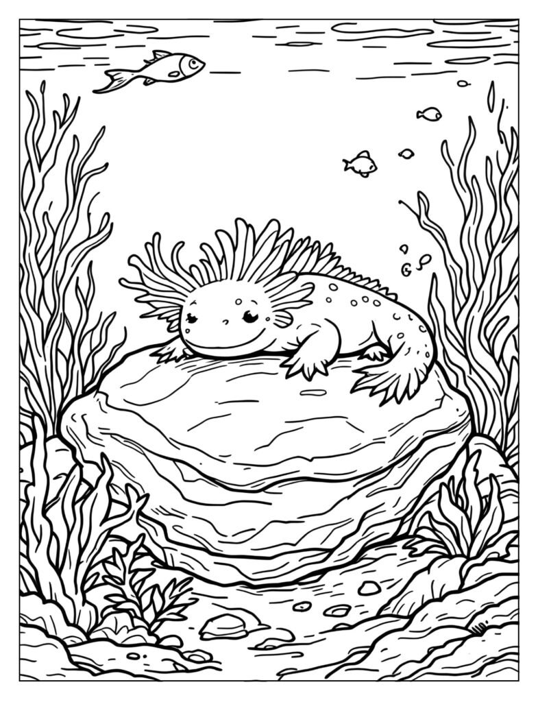 An axolotl resting peacefully on a rock.