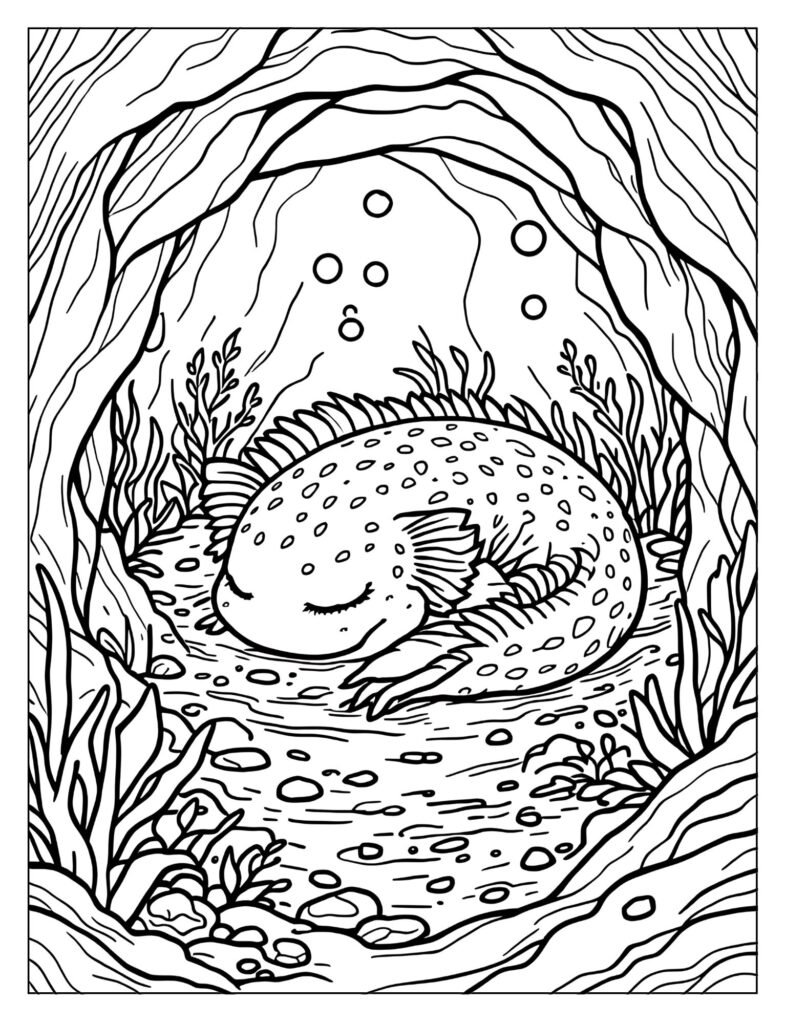 An axolotl sleeping peacefully inside a small cave.