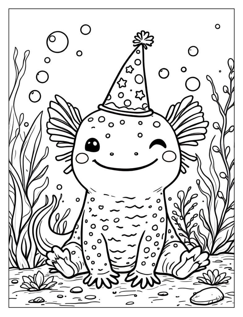 A cute axolotl wearing a small party hat.
