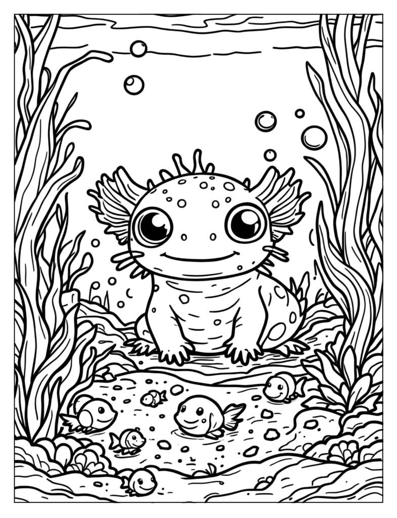 An axolotl swimming with other friendly fish and snails.