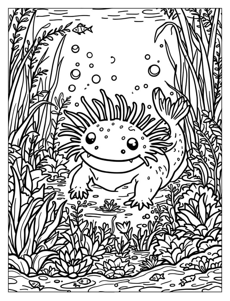 An axolotl swimming through a dense forest of plants.