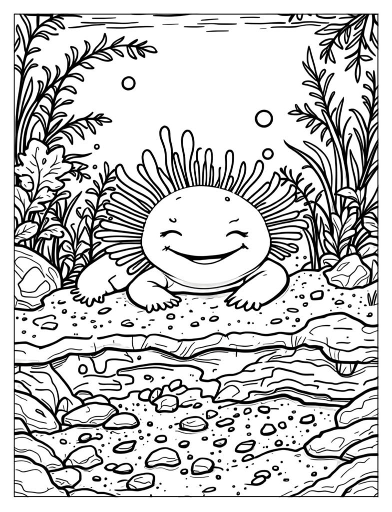 An axolotl surrounded by aquatic plants and rocks in its tank.
