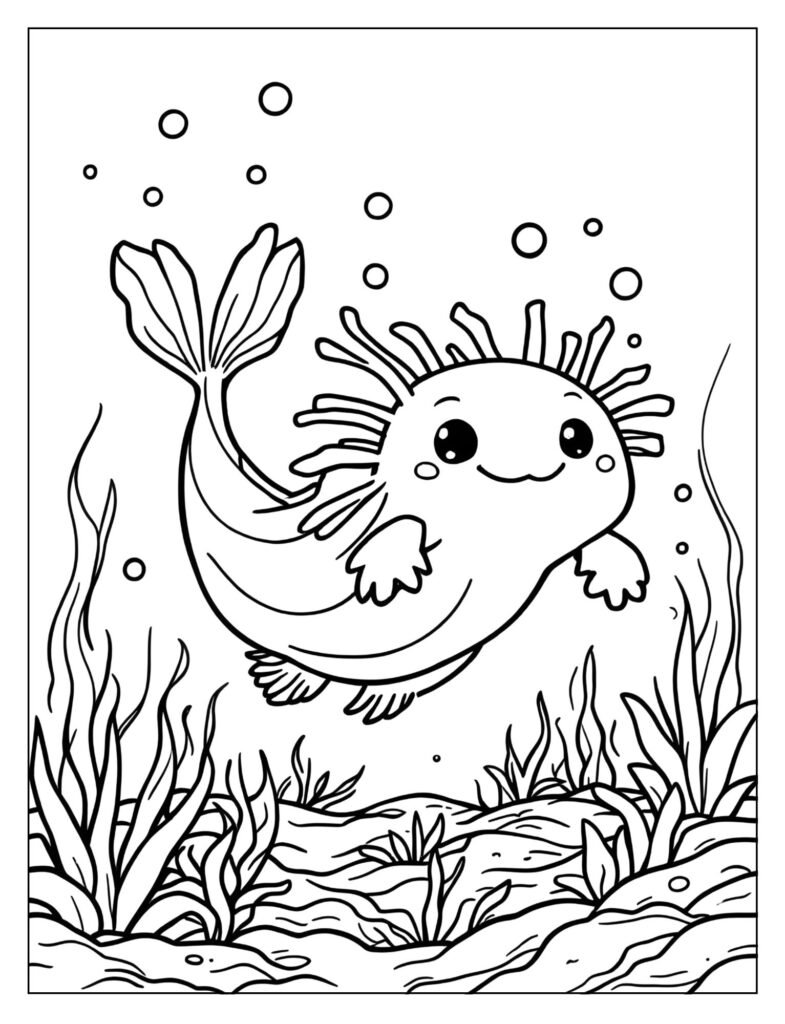 An axolotl with bubbles rising to the water's surface.