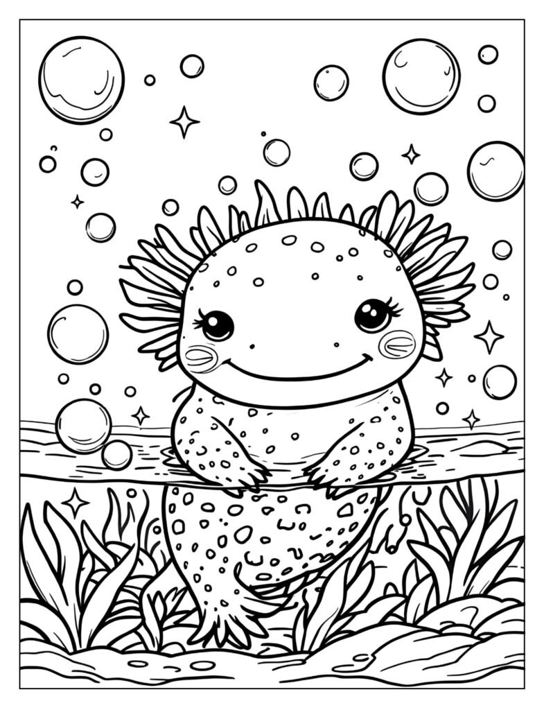 A magical axolotl surrounded by bubbles and sparkles.