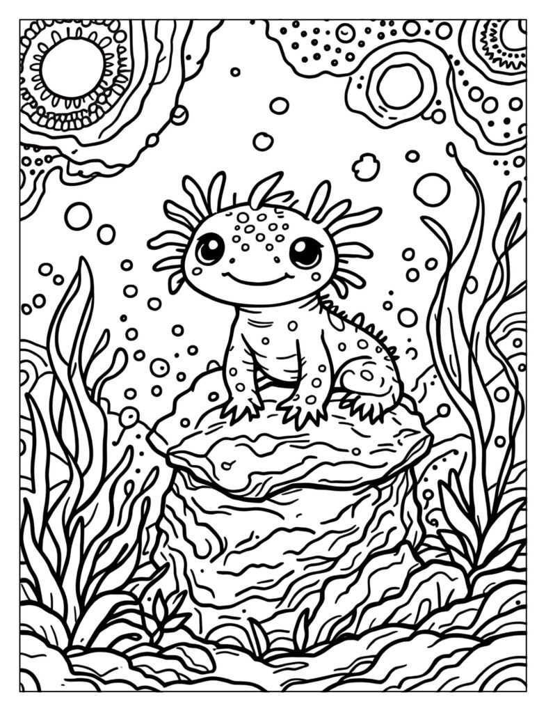 An axolotl with an abstract, swirling water background.