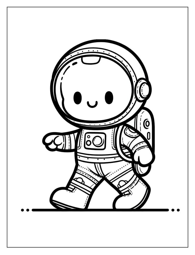 An outline drawing of a small, adorable baby dressed in an astronaut suit, floating in space, ready for coloring.