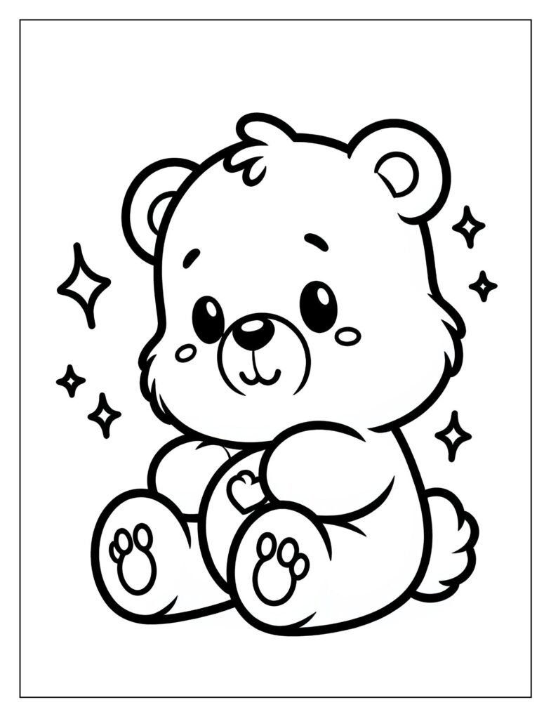A line art drawing of tiny, cute Baby Care Bears experiencing their first moments or adventures, perfect for coloring.