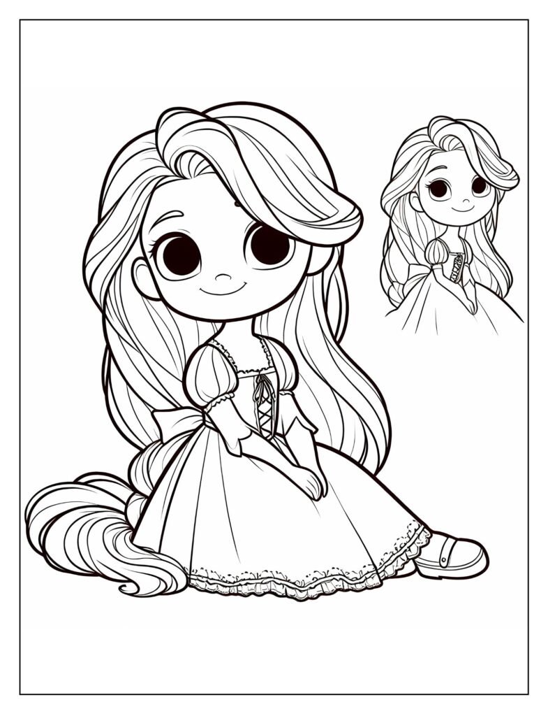 An outline drawing of a tiny, cute Baby Rapunzel with a small, adorable first braid, ready for coloring.
