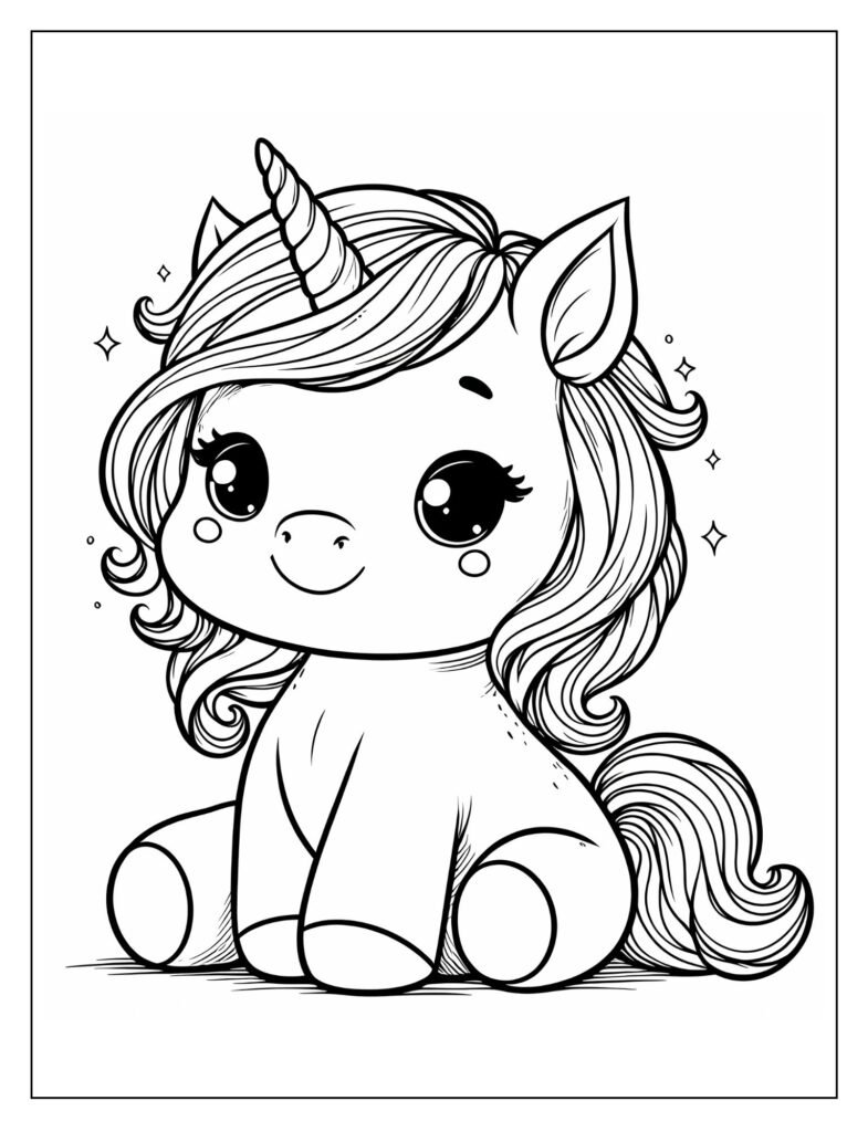A line art drawing of a baby unicorn with subtle sparkling effects around its horn or body, representing its first magic, ready for coloring.