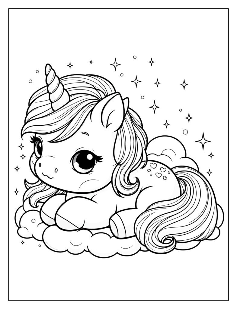 A black and white illustration of a baby unicorn riding on or near a rainbow, with arched lines, ready for coloring.