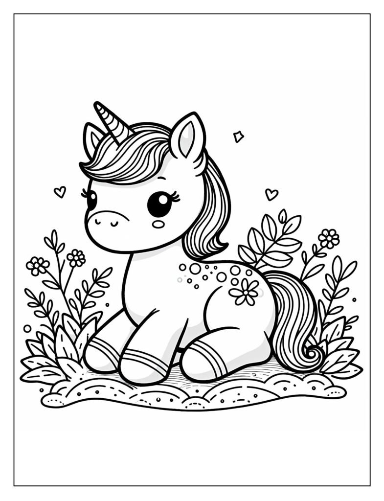 A line art drawing of a baby unicorn standing by a pond, with subtle shimmering effects on the water, ready for coloring.