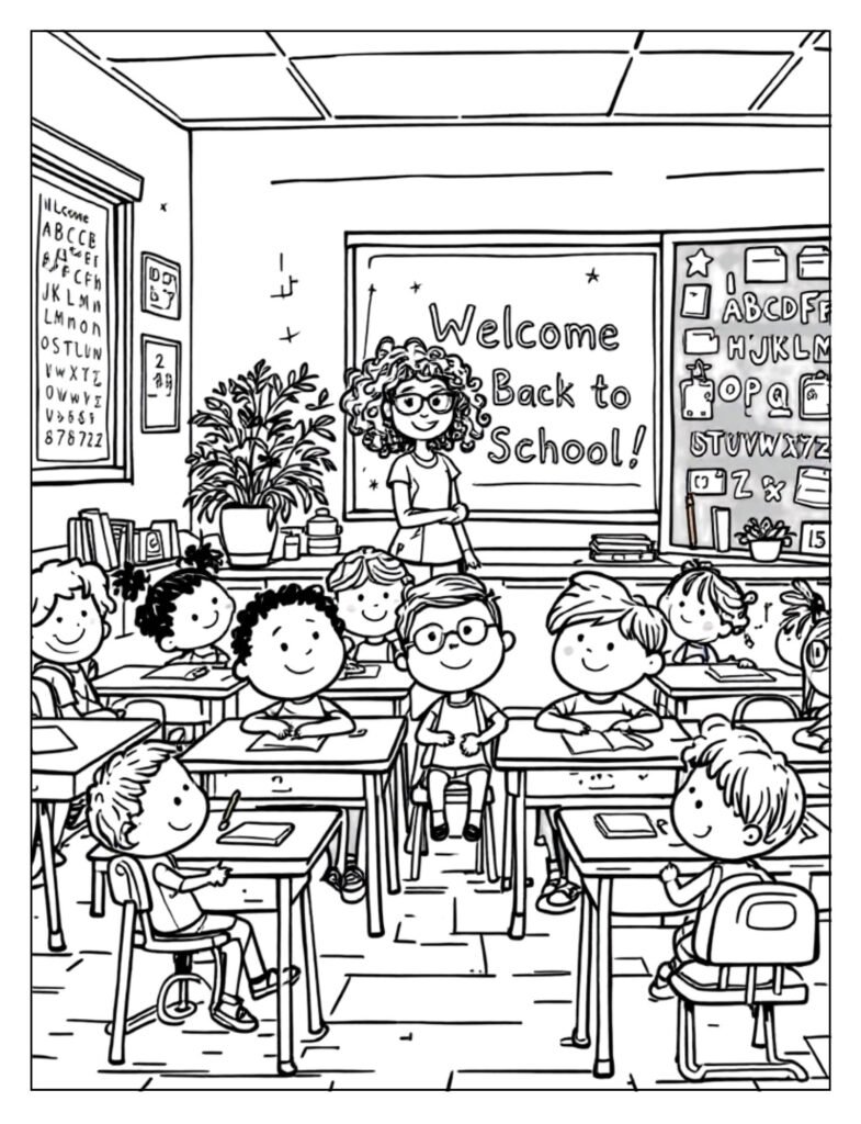 An outline drawing featuring elements like a backpack, books, and pencils, with "Back to School" text, ready for coloring.