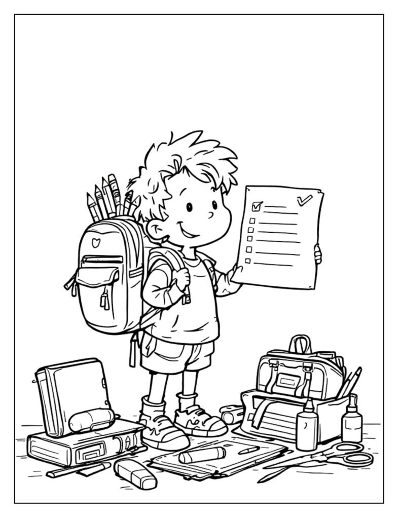 A black and white illustration of a child shopping for school supplies, ready for coloring.