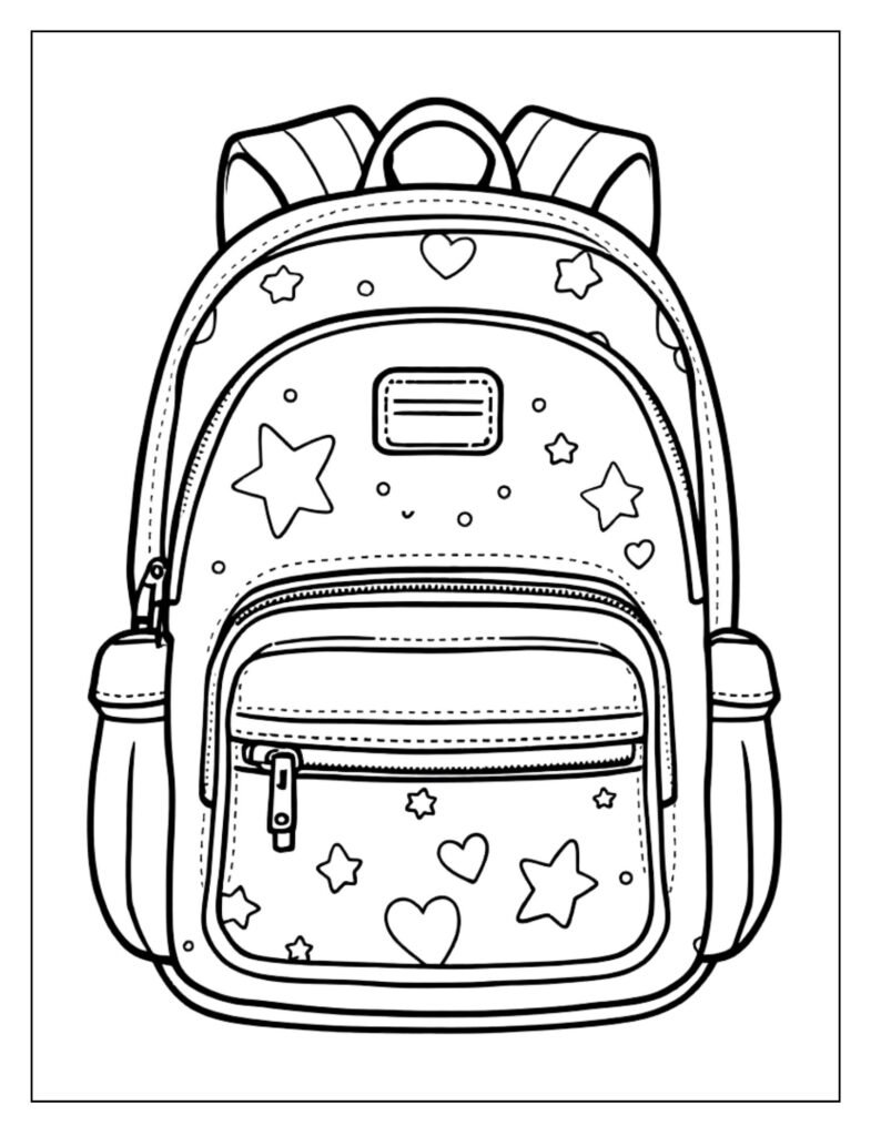 A black and white illustration of a backpack, ready for coloring.