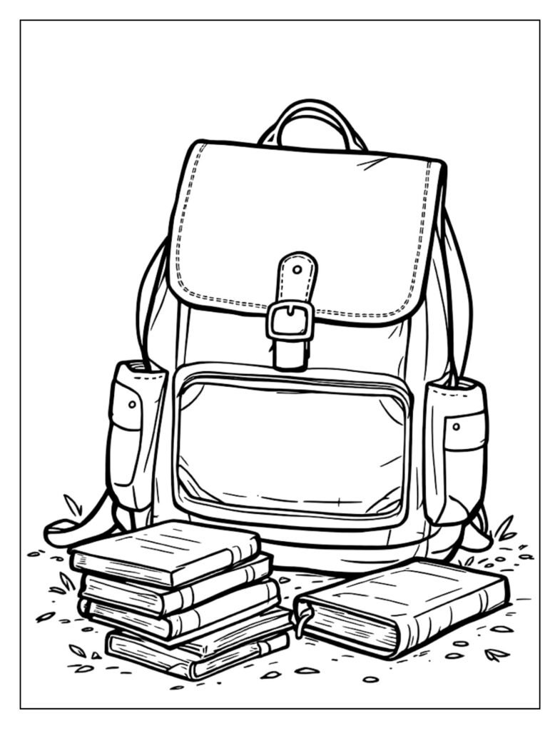 A line art drawing of an open backpack with books and other school supplies visible inside, ready for coloring.