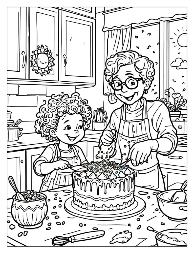 A grandchild and their grandparents decorating a cake together.