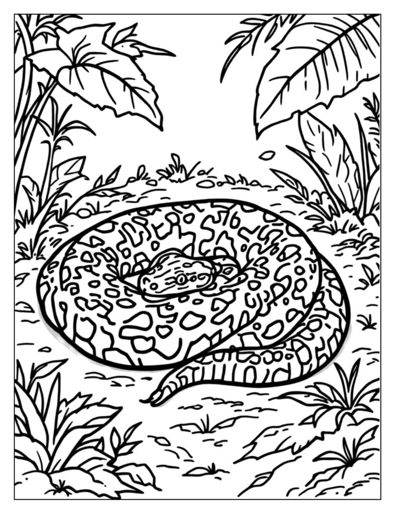 Peaceful line art of a Ball Python sleeping, coiled tightly with its head tucked in the center.