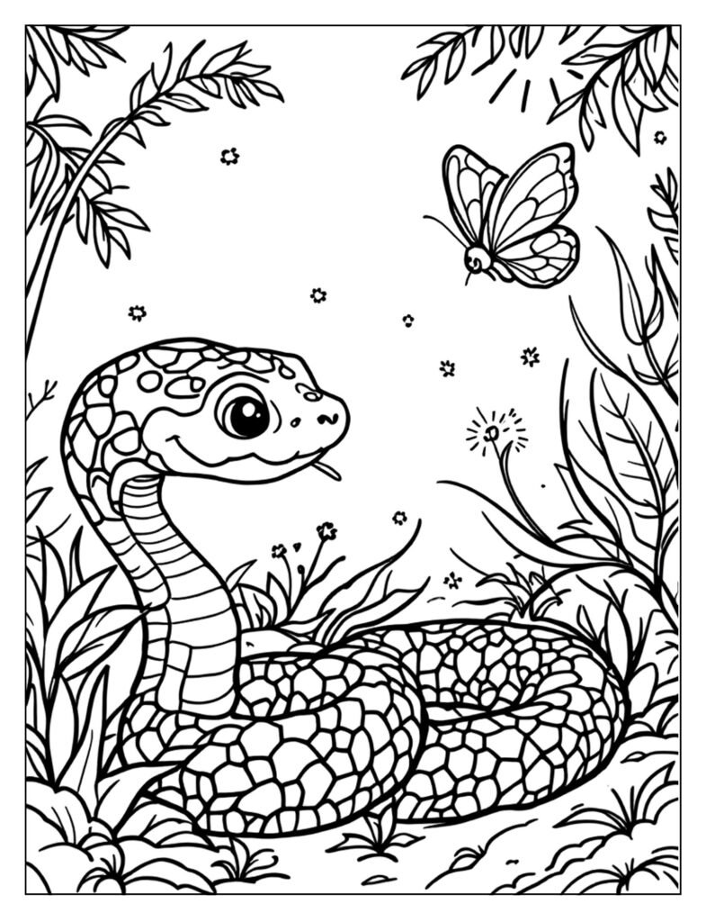 Line art of a Ball Python coiled peacefully next to several detailed butterflies, a unique nature scene.