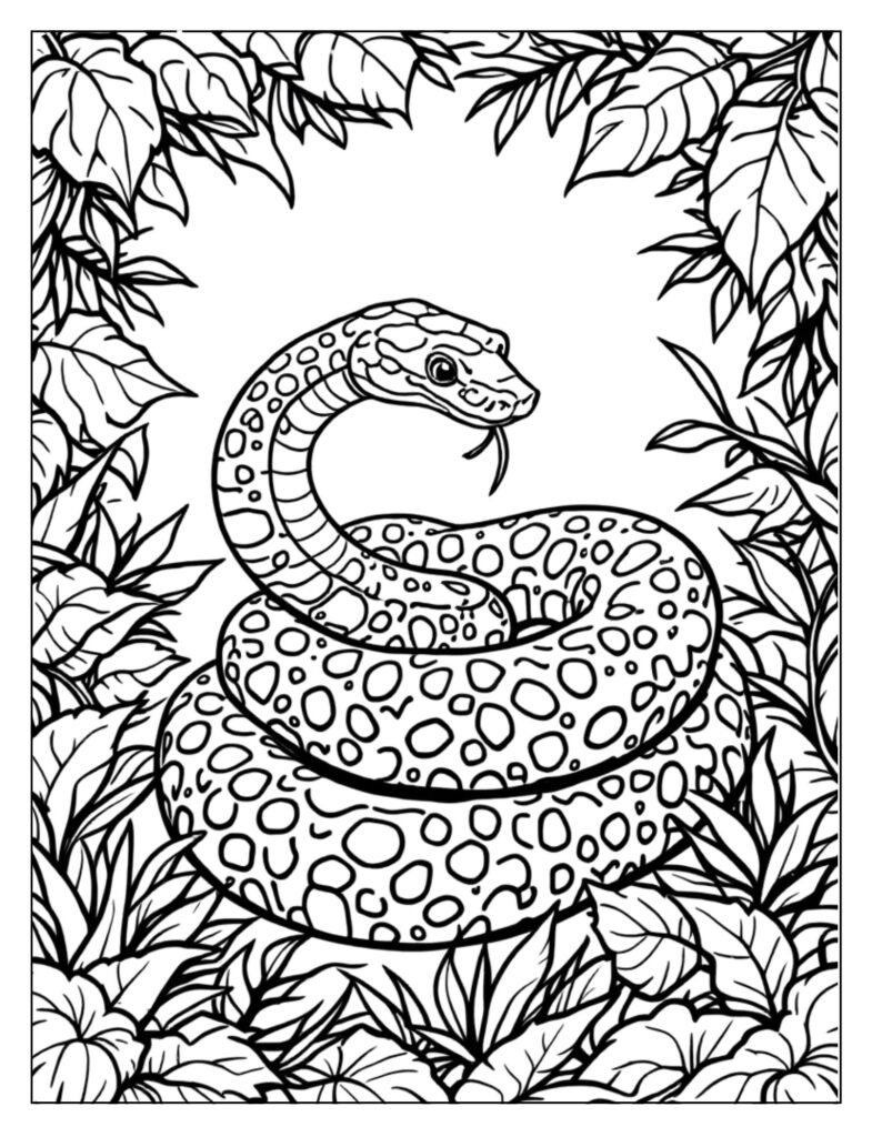 Line art of a Ball Python moving or resting on the ground surrounded by natural grass and pebbles.