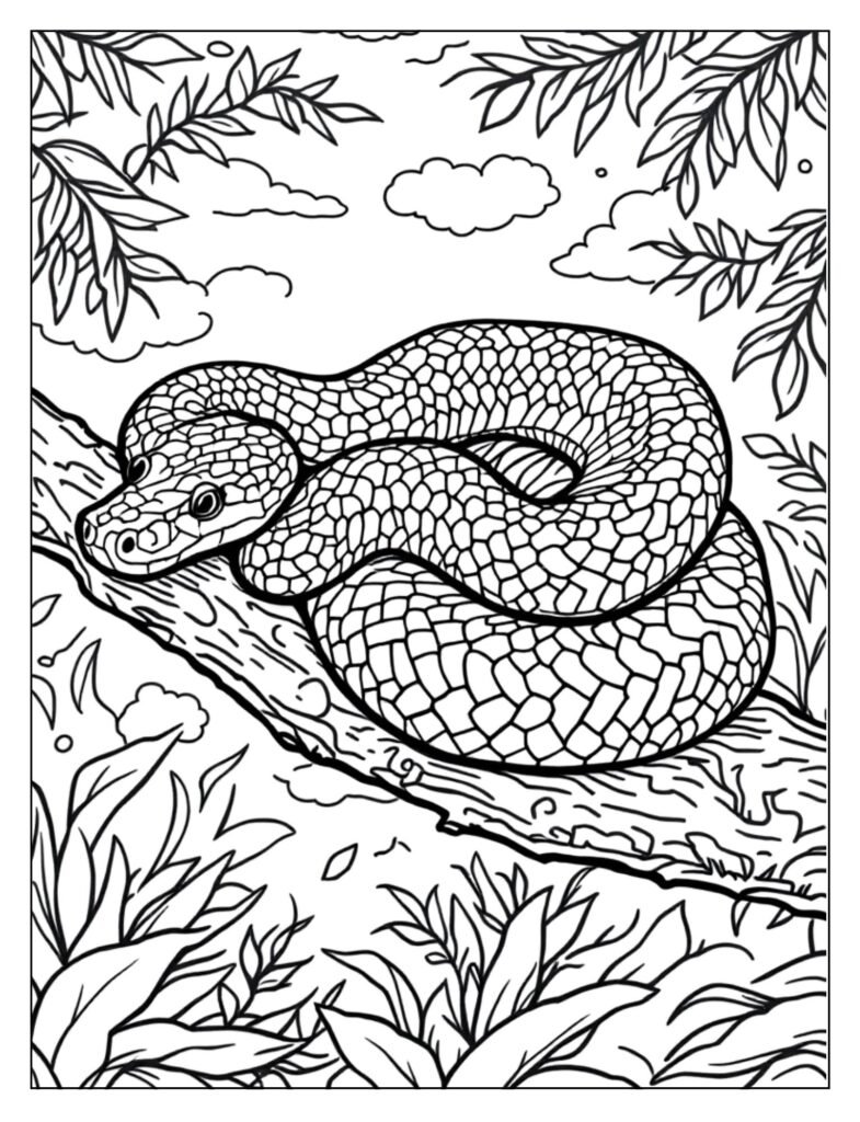 Scenic line art of a Ball Python camouflaged or resting amidst dense jungle foliage and vines.
