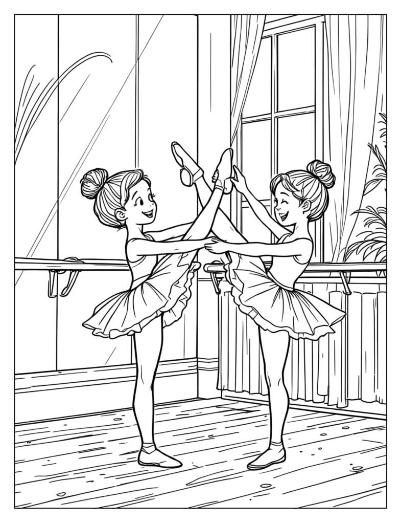 Two ballerinas practicing together helping coloring page