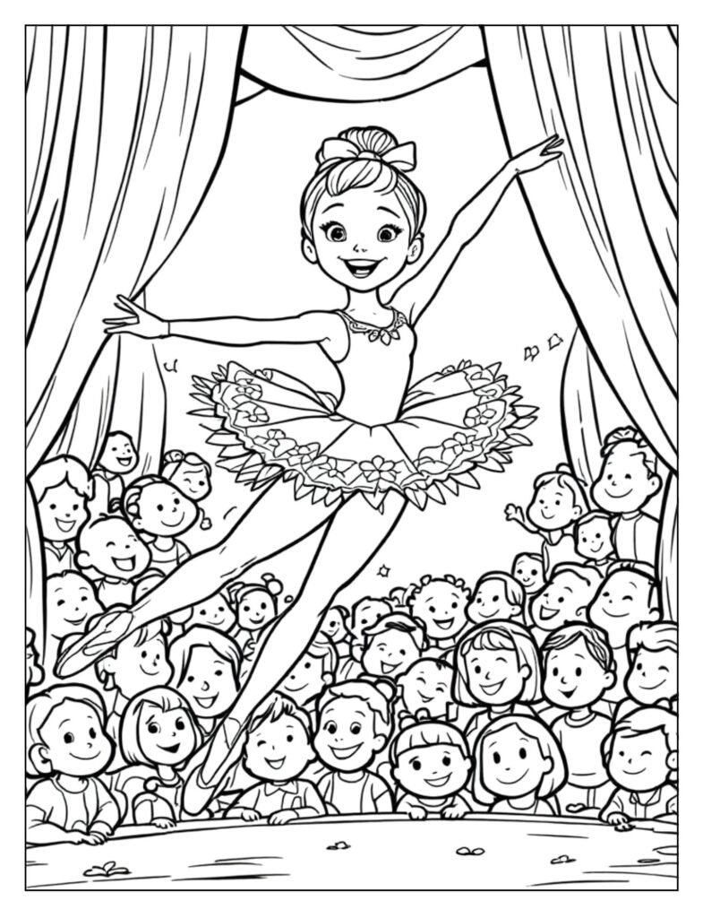 Dynamic ballerina graceful leap mid-air coloring page