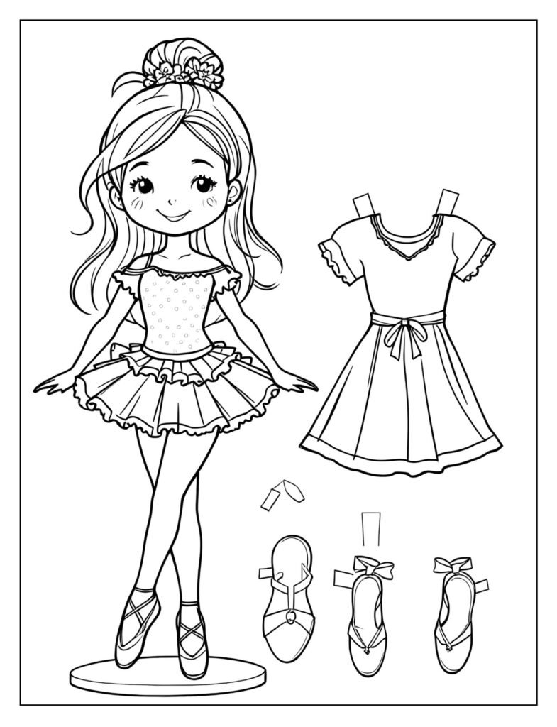 A ballerina paper doll with a tutu and an extra outfit.