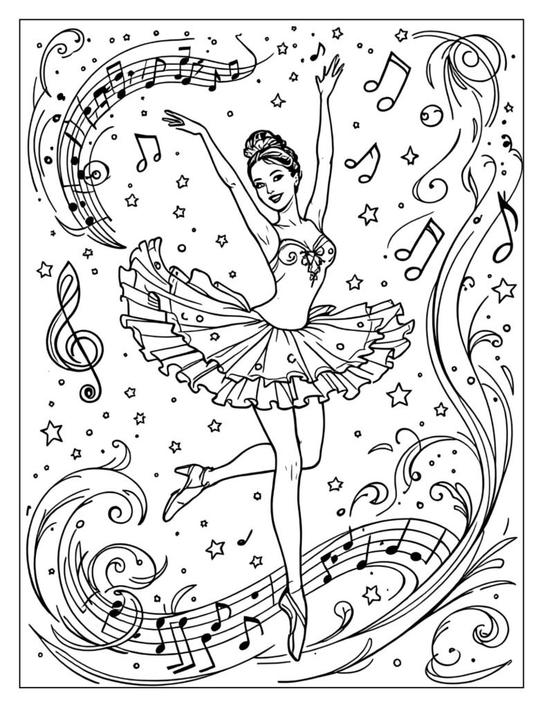Ballerina surrounded by swirling music notes coloring page