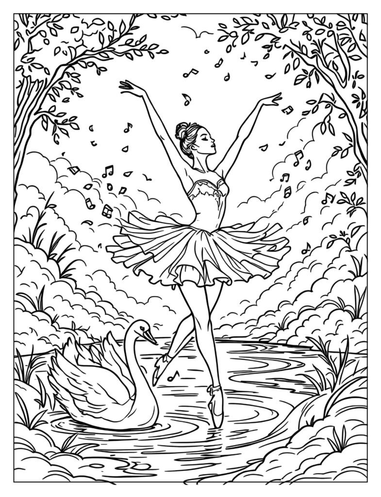 Ballerina dancing gracefully with swan coloring page