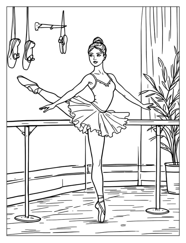 Ballerina practicing at ballet barre coloring page