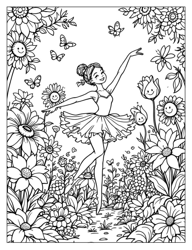 Ballerina dancing in whimsical garden coloring page