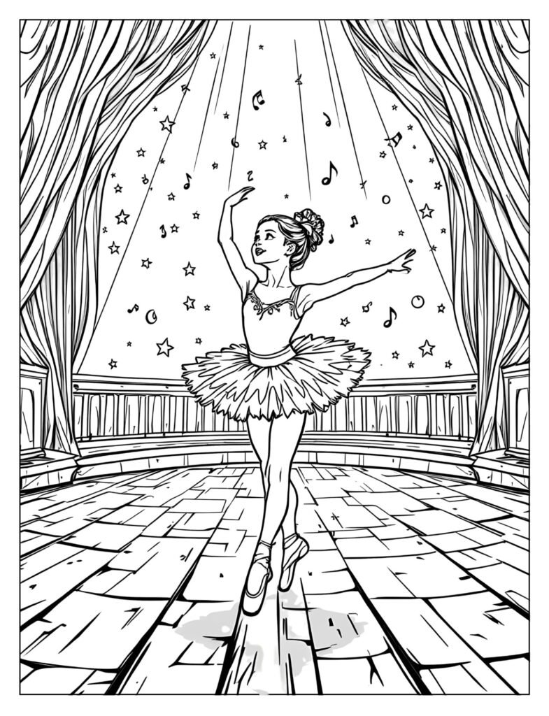 Ballerina performing on grand stage coloring page