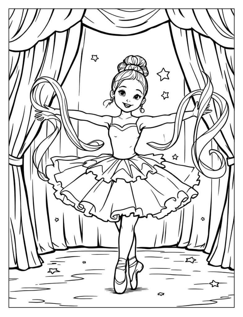 Ballerina holding flowing ribbons dancing coloring page