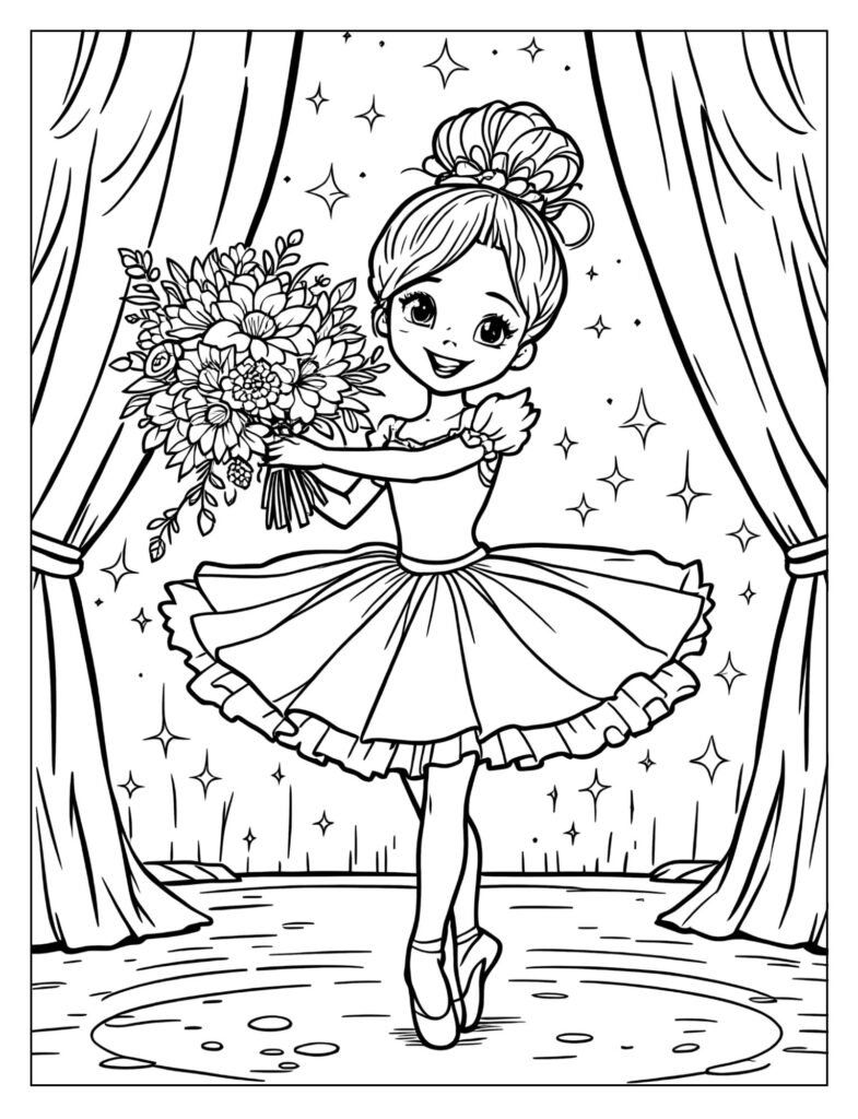 Smiling ballerina holding flower bouquet coloring page