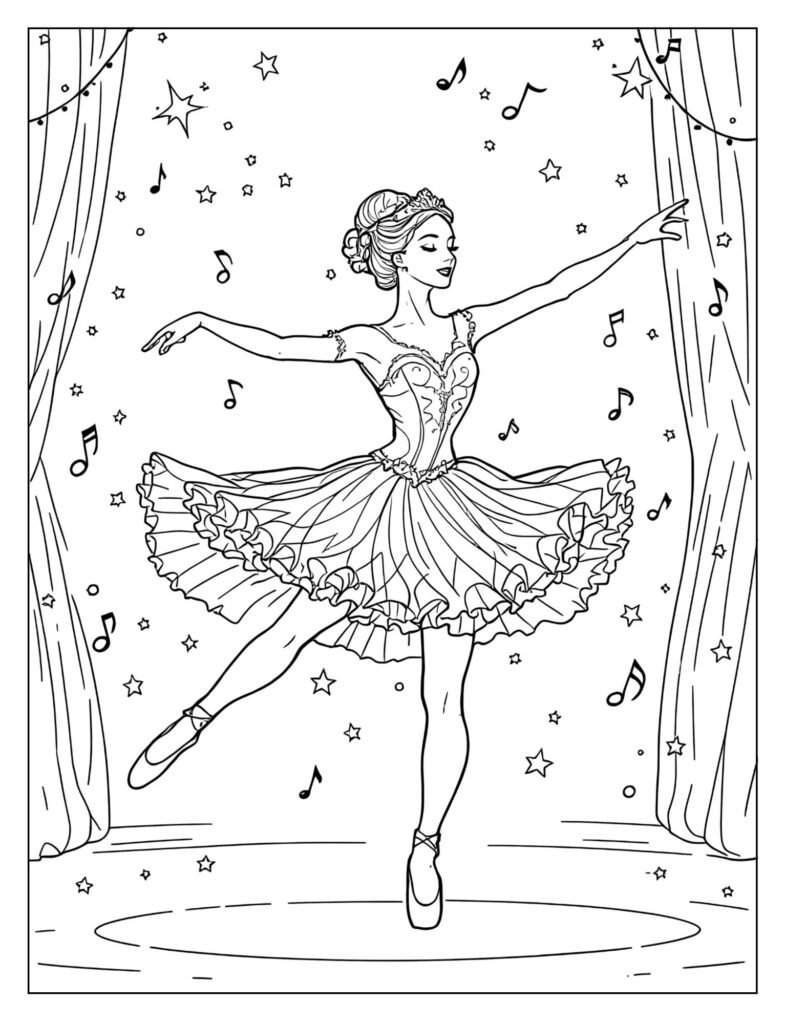 Regal ballerina wearing sparkling crown coloring page