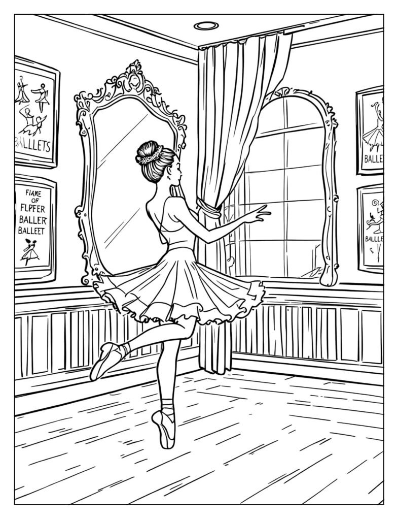 Ballerina admiring reflection in studio mirror coloring page