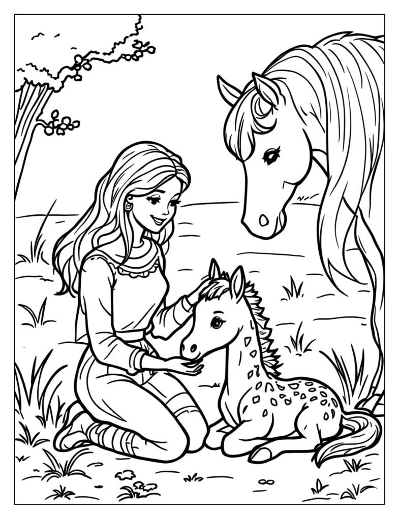 Barbie kneeling on the ground next to a small, wobbly newborn horse (foal).