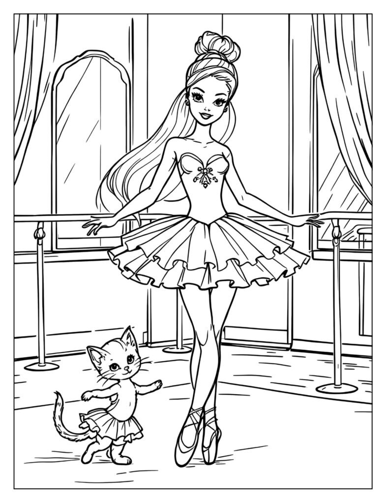 Ballerina Barbie with pet wearing tiny tutu coloring page