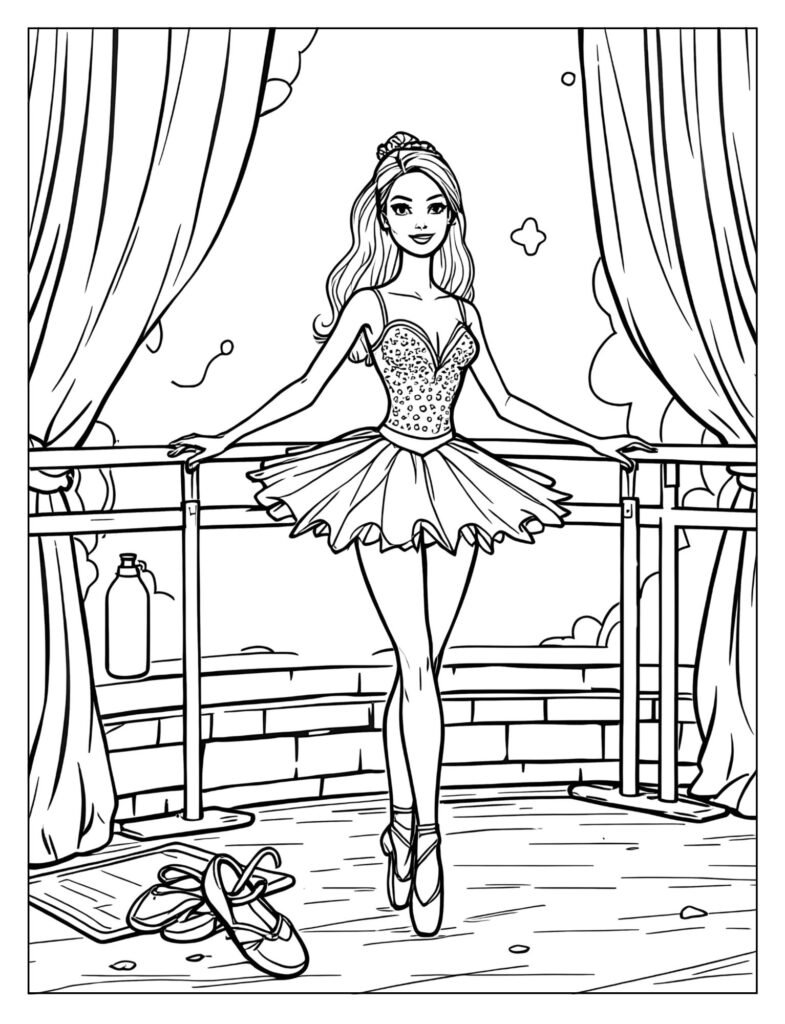 Ballerina Barbie practicing stretches at ballet barre coloring page