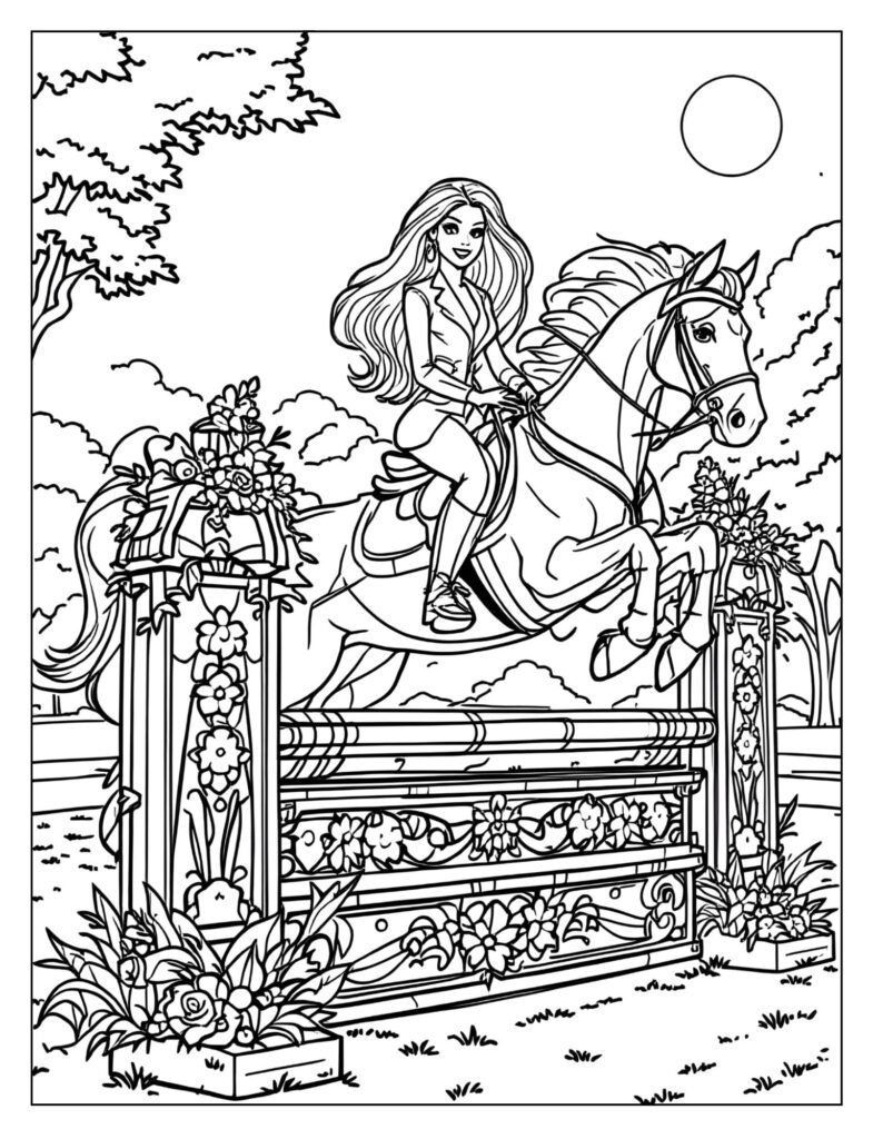 Barbie sitting securely on her horse as they successfully leap over a tall show jump.