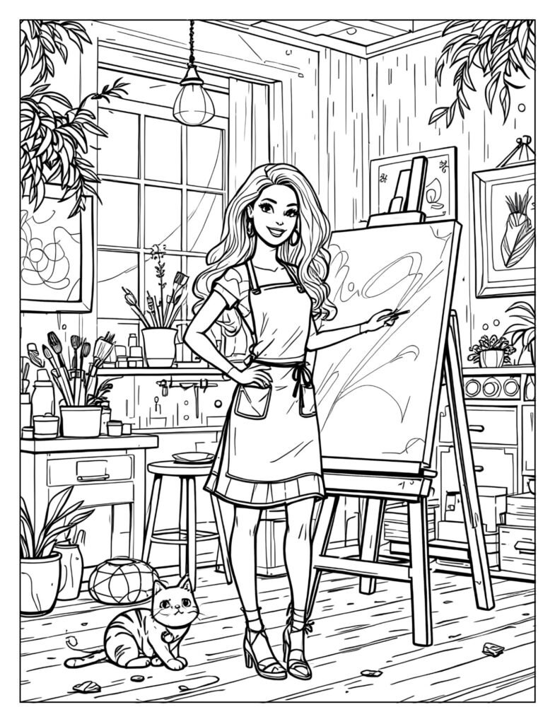 Barbie creating art in Dreamhouse studio paints canvases coloring page