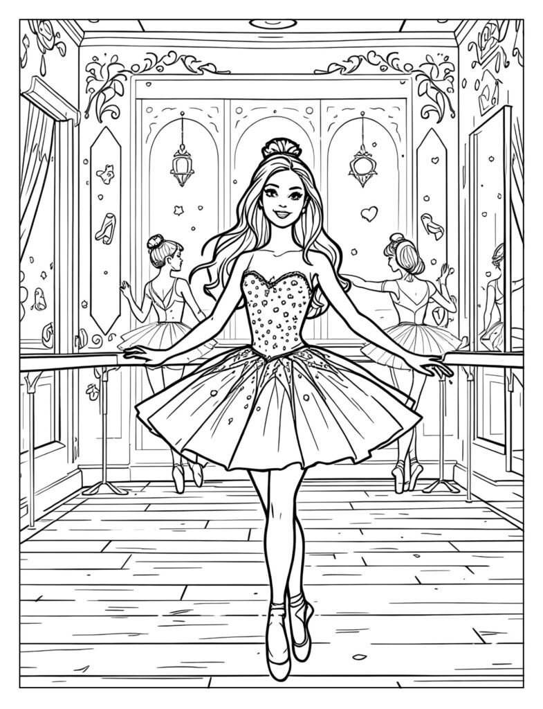 Ballerina Barbie in ballet studio learning steps coloring page