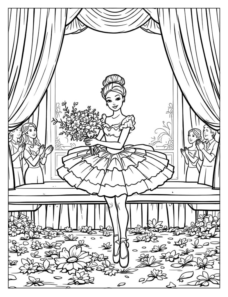 Ballerina Barbie taking bow after recital holding bouquet coloring page
