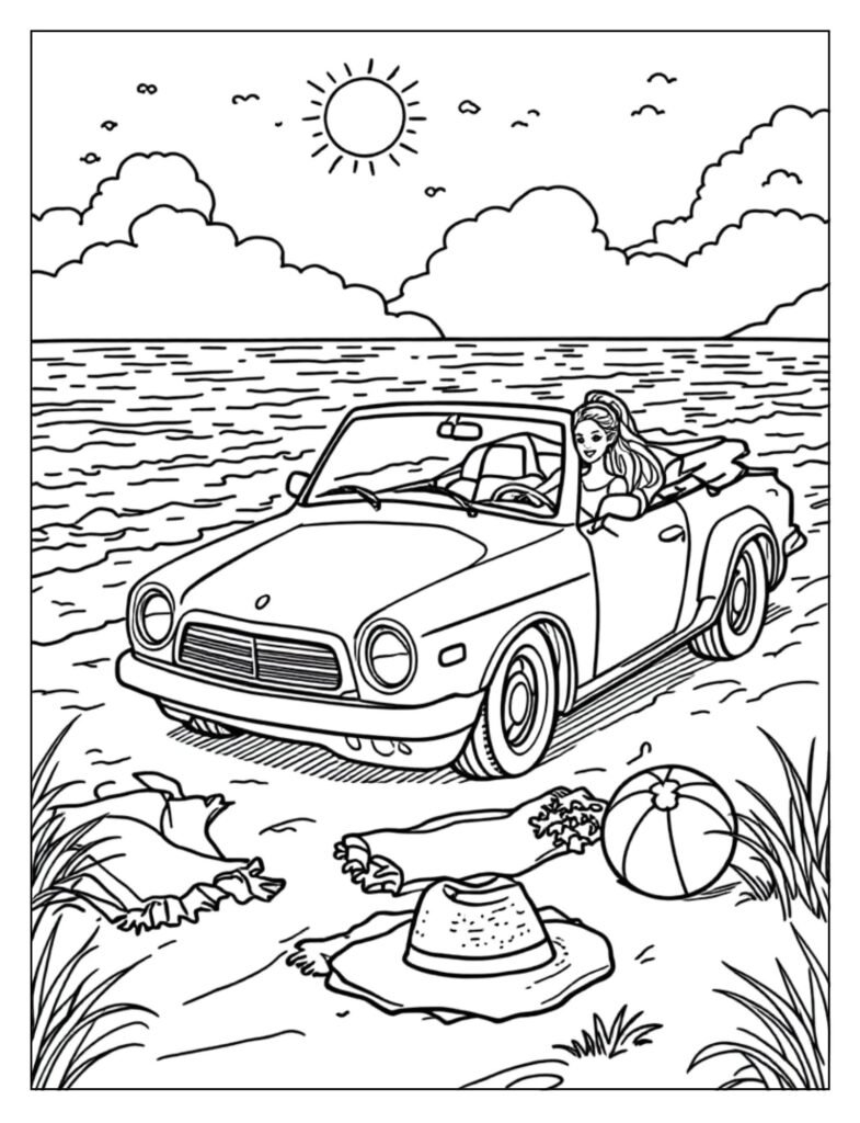 Barbie's convertible parked at sunny beach coloring page