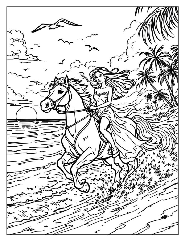 Barbie in a relaxed beach outfit riding her horse at a fast gallop along the edge of the ocean water.